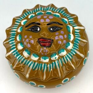 Mexican Folk Art Pottery Trinket Box Sun Face Hand Painted Mustard Yellow